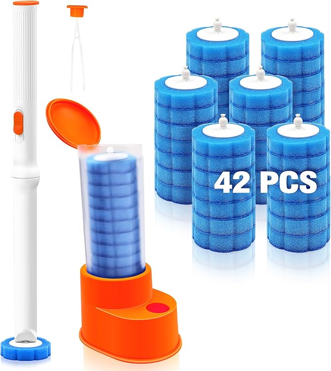 JEHONN Disposable Toilet Brush with Tweezers, Toilet Bowl Wand Holder Set with 42 Cleaner Refills, Bathroom Cleaning System for Sink Bathtub Wash Basin (White Orange)
