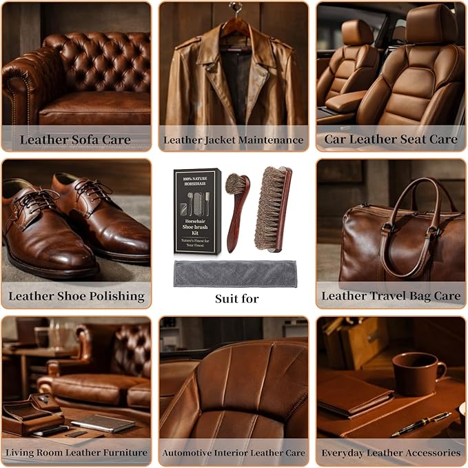 3PCS 100% Horse Hair Shoe Brush Set for Leather Boots Horsehair Brush for Polishing Cleaning Buffing Professional Shoe Shine Kit for Men Suede Boot Care Conditioner Accessories Tool