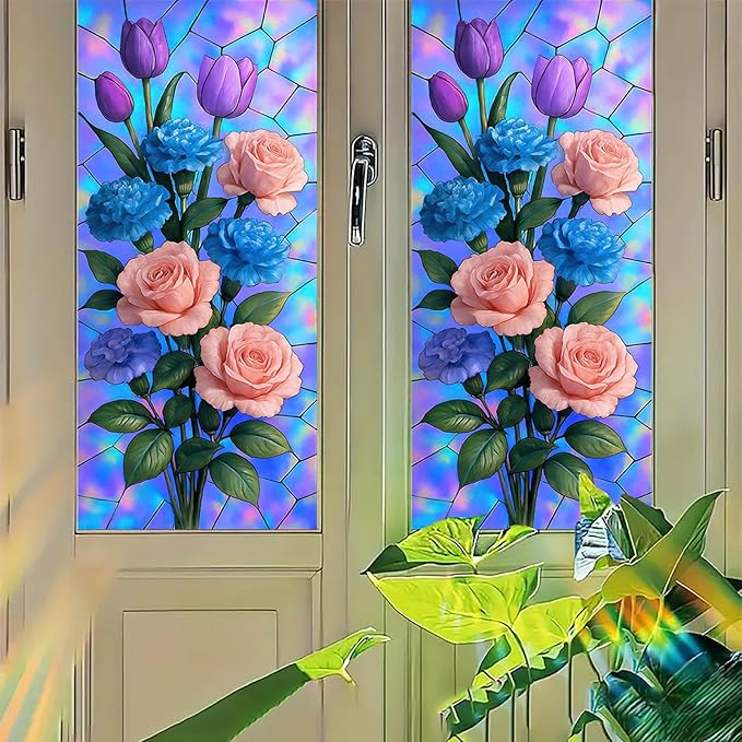 Rose Carnation Tulip Window Film Holographic Floral Privacy Panel Static Cling No Glue Decorative Cover for Door Vanity Kitchen Studio 17.7x39.3 inch