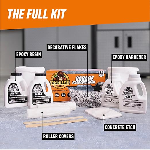 Gorilla Epoxy Garage Floor Coating (12 pc) Kit, 2.5-Car, Concrete Flooring, 100% Solids, Superior Adhesion, Incredibly Durable High Gloss Gray Finish, 550 sq. ft. Coverage