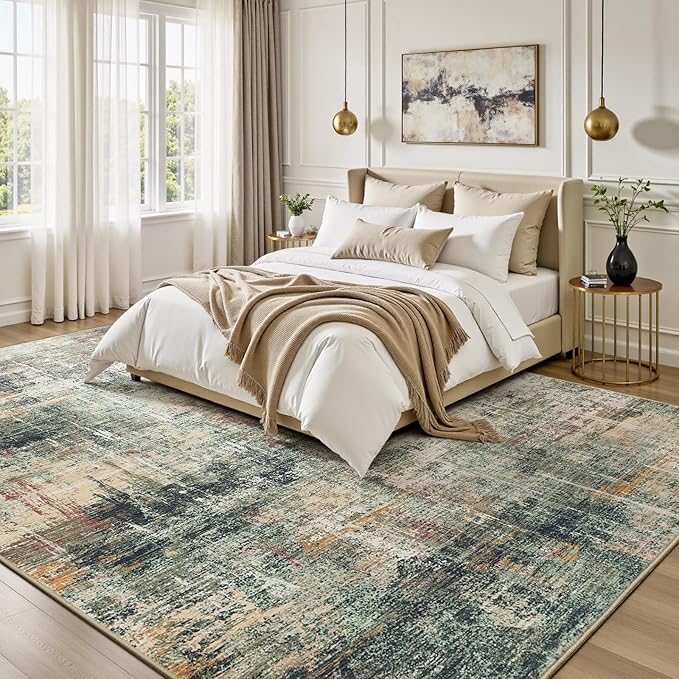 Lofus 5x7 Area Rug for Living Room, Coffee Green Abstract Rugs with Non-Slip Backing, Neutral Modern Washable Carpet for Bedroom Dining Room Home Office Nursery Indoor