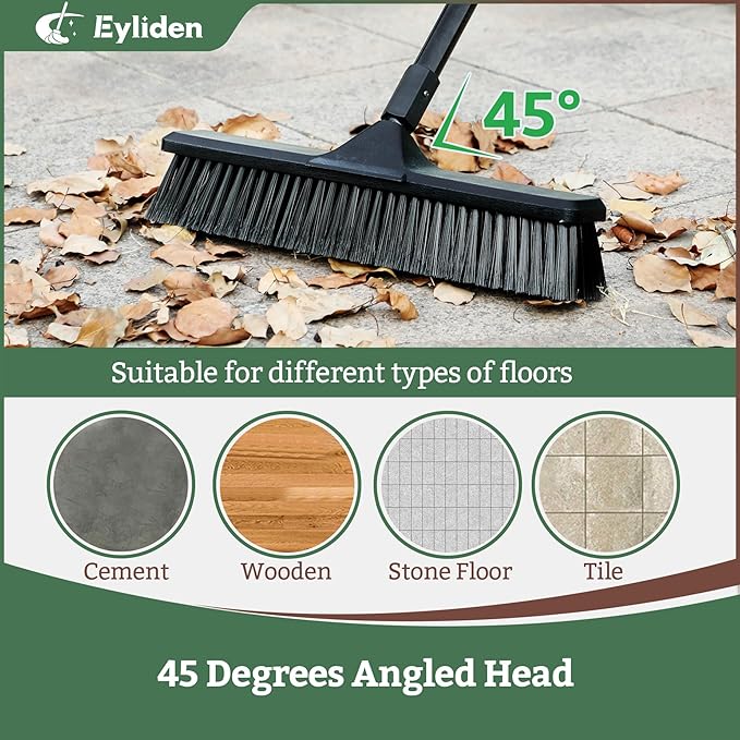 Eyliden Deck & Workshop 18" Push Broom - from Driveway to Patio, One Broom for Every Surface | 66" Adjustable Handle, Heavy-Duty Stiff Bristles Sweeper for Concrete Sidewalk Yard Garage & Snow, Black