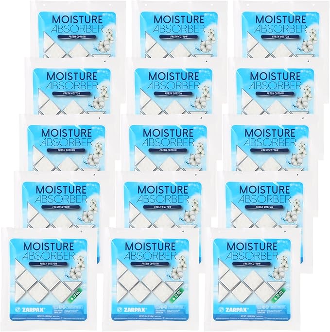 Zarpax Moisture Absorber Sachets Fresh Cotton 1.4 oz/40g - Remove Excess Moisture In Air & Odor - Desiccant Dehumidifier for Closet, Drawer, Safe, Storage - Dampness & Humidity Control - Set of 15