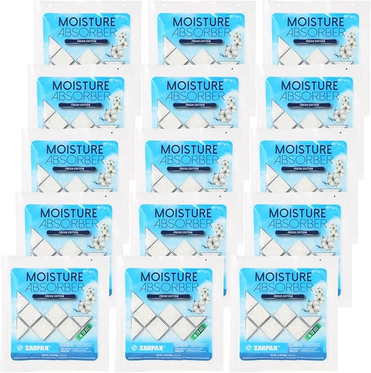Zarpax Moisture Absorber Sachets Fresh Cotton 1.4 oz/40g - Remove Excess Moisture In Air & Odor - Desiccant Dehumidifier for Closet, Drawer, Safe, Storage - Dampness & Humidity Control - Set of 15