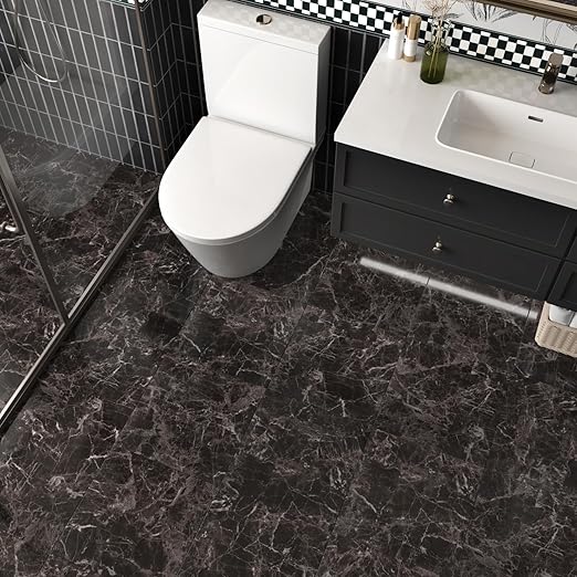 Wallercity Marble Peel and Stick Floor Tile Easy to Clean Waterproof Flooring for Kitchen Bathroom Bedroom Light Balck Vinyl Flooring Self Adhesive Floor Tile Stickers Durable Removable Tiles 18PCS