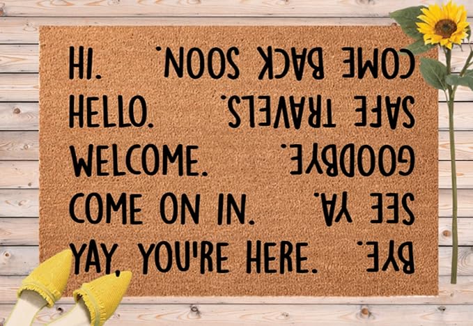 Hello Doormat, Funny Welcome Mat, Hello Goodbye Door Mat, Housewarming Gift, Two Sided Coming and Going Door Mat, Hi Bye Forward and Back Home Kitchen Balcony Decoration 16x24 Inch