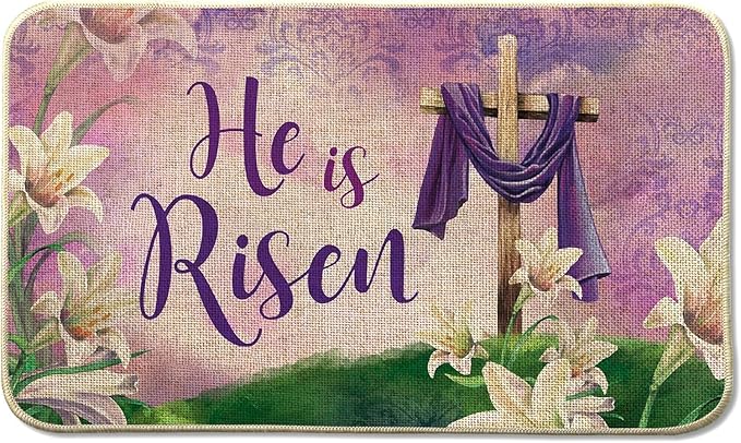 He is Risen Easter Front Door Mat Indoor Outdoor Entrance Spring Flowers Purple Washable Non Slip Rubber Inside Outside Welcome Floor Home Holiday Decor Soft Low Profile Doormat 20x32 Inch