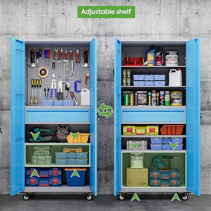 Reemoon 71" H Metal Garage Storage Cabinet with Wheels and Doors,Rolling Tool Cabinet with Pegboard,Rod and Drawer for Garage Warehouse Home,Required Assembly,Grey and Blue