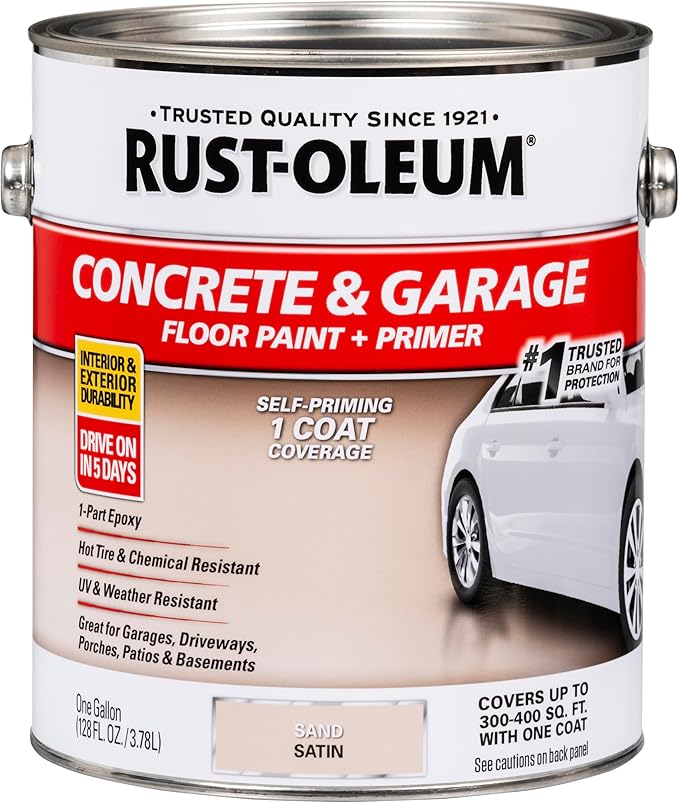 Rust-Oleum 347121 Concrete & Garage Floor Paint and Primer, Gallon, Satin Sand