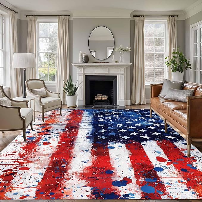 Mottled Red Blue White Stars Painted Flag 5'x7' Area Rugs, Washable Area Rugs Non-Slip Indoor Floor Mats Carpet for Living Room Bedroom Dining Room