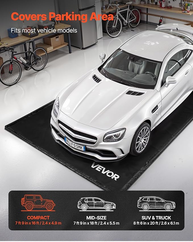VEVOR Containment Mat, 7 ft 9 in x 16 ft, Non-Slip PVC Garage Floor Mat with a Cleaning Squeegee, Heavy Duty Durable Waterproof Containment Protection from Snow, Rain and Mud for Cars Parking, Black