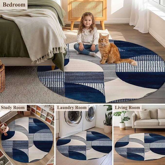 Modernism Large Round Rug 8Ft, Blue White Geometric Abstract Design Circle Area Rugs Washable Non Slip Indoor Floor Mats Carpet for Living Room Bedroom Dining Room Home Decor