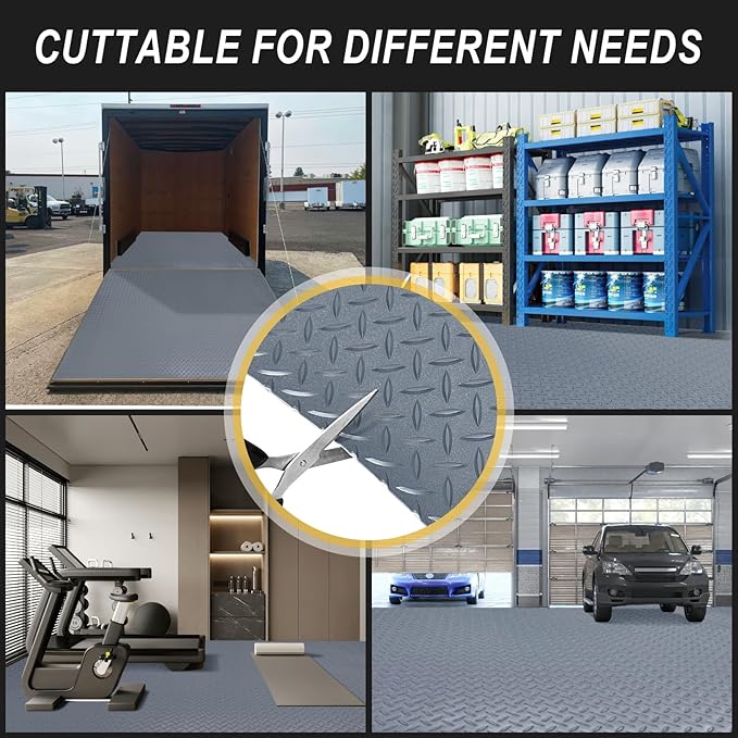 7.5x20 FT Garage Floor Mat, 2.8mm Thickened Flooring Roll Under Car Mat with 20Pcs Tapes, Diamond Plate, Non-Slip Floor Protector Mat for Trailer, Garage, Warehouse, Gyms, Trailer, Matte Gray