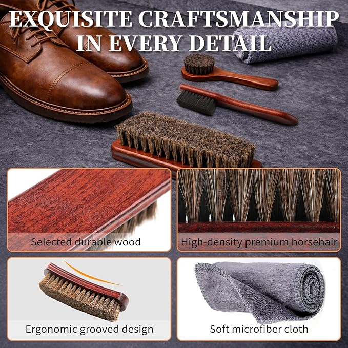 4PCS 100% Horse Hair Brush for Leather Shoe Brush Cleaning Boot Care Horse Hair Brush for Polishing Shining Buffing Dauber Applicator Suede Brush Professional Shoe Shine Brush for Cloth Car Seat Bag