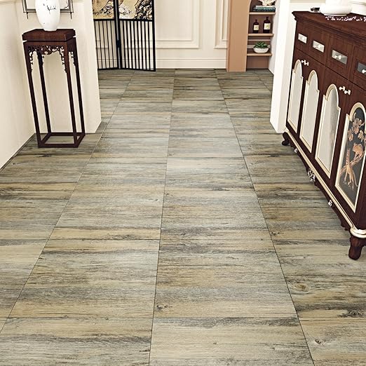 Wallercity Grey/Brown Wood Peel and Stick Vinyl Plank Flooring for Kitchen Faux Wood Grain Floor Tiles Stickers Waterproof 12" x 12" Self Adhesive Wooden Flooring Tiles for Bedroom Living Room 5PCS