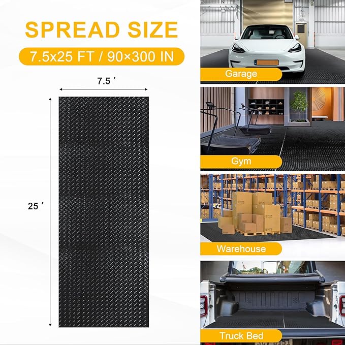 Garage Floor Mat, 2.8mm Thickened Flooring Roll for Under Car with 20Pcs Tapes, Diamond Plate, Non-Slip Floor Protector Mat for Trailer, Garage, Warehouse, Gyms, Trailer (BlackV, 7.5x25 FT)