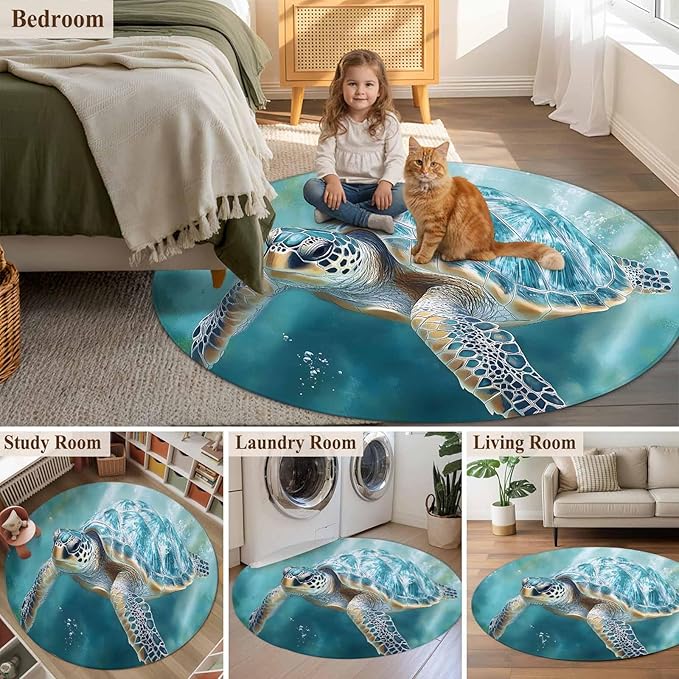 Marine Animal Large Round Rug 8Ft, Ocean Turtle Modern Art Abstract Style Circle Area Rugs Washable Non Slip Indoor Floor Mats Carpet for Living Room Bedroom Dining Room Home Decor