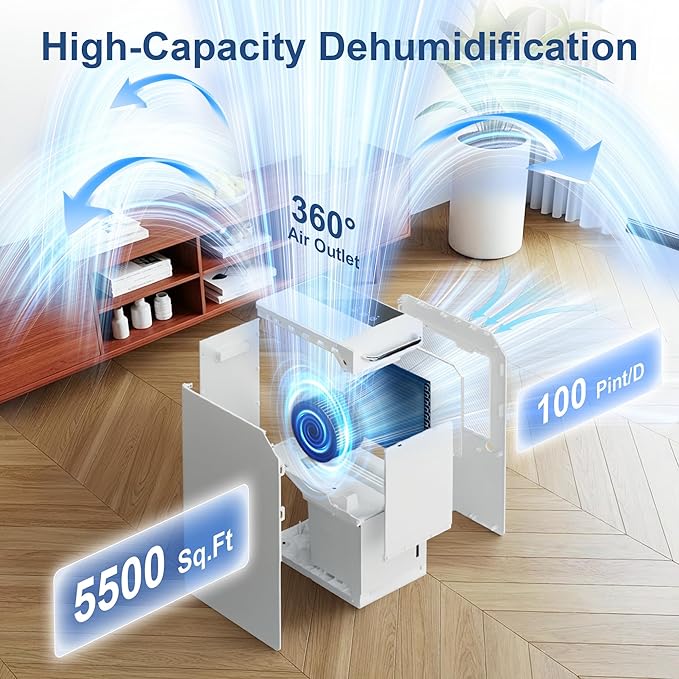 Max 100 Pint Portable Dehumidifier 5500 Sq.Ft, Dehumidifier with Drain Hose for Basement&Home, 204 OZ Water Tank, Auto Defrost, Smart Humidity Control, Energy Efficient&Quiet for Large Room Bathroom