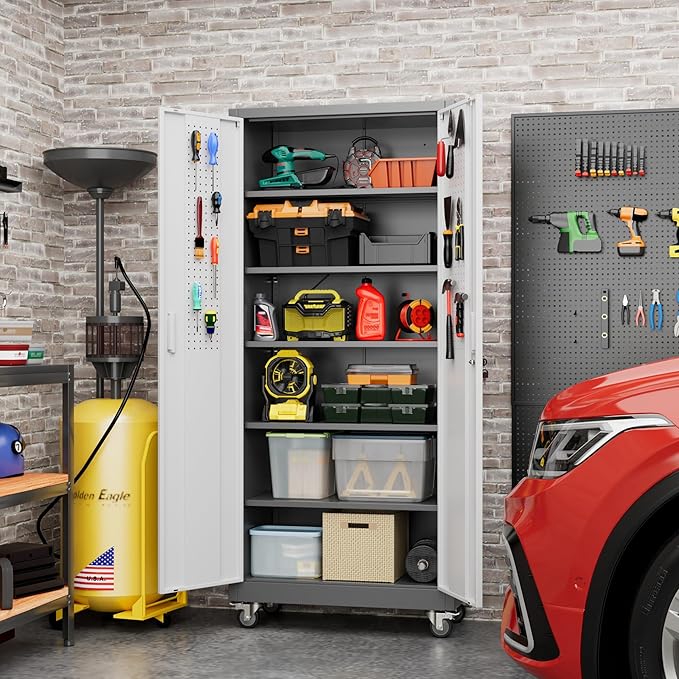 Reemoon 71" H Garage Storage Cabinet with Wheels, Lockable Metal Storage Cabinet with Doors,5 Adjustable Shelves and Pegboard for Garage Home Utility Room,Required Assembly,Grey&White