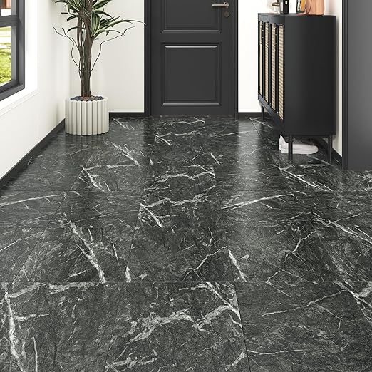 Wallercity 5PCS Black Marble Vinyl Flooring Peel and Stick Floor Tiles for Bathroom Stick on Tile Floor Stickers Self-Adhesive Waterproof Non-Slip Flooring Tile Sheets for Balcony Kitchen 12''x12''
