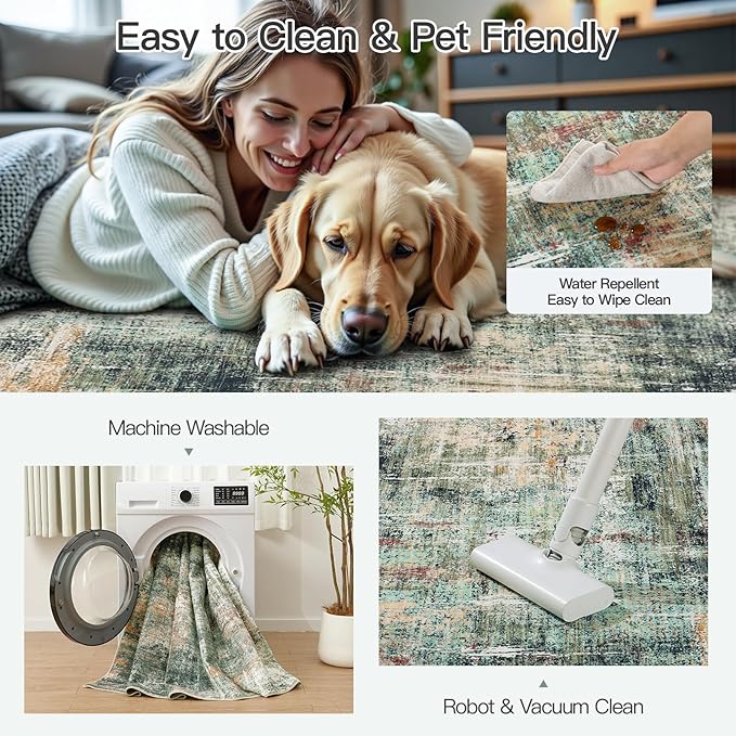 Lofus 9x12 Area Rug for Living Room, Coffee/Green Abstract Large Rugs with Non-Slip Backing, Neutral Modern Washable Carpet for Bedroom Dining Room Home Office Nursery Indoor