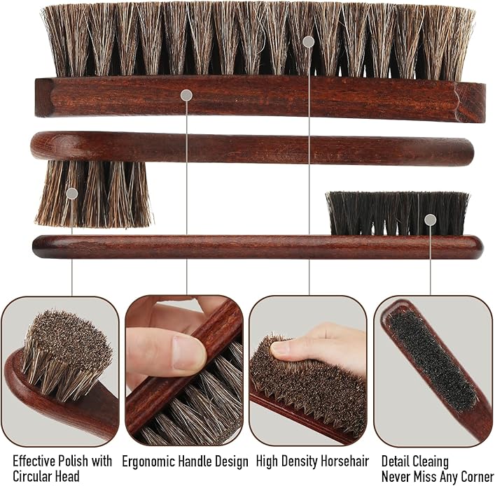 4-Piece 100% Horse Hair Shoe Brush Kit Premium Dauber Applicators Leather Care Cleaning Set with Polishing Brushes and Microfiber Cloth for Leather Suede Shoes Boots Bags Cars Cleaning Polishing