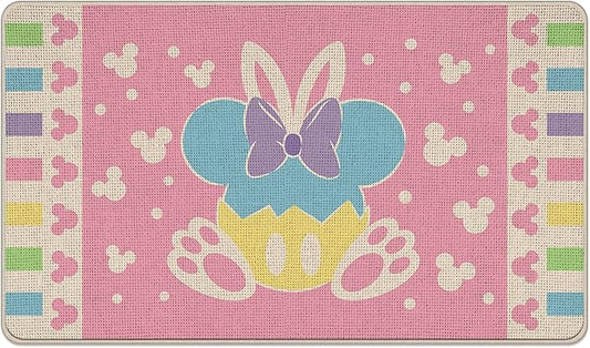 Easter Bunny Pastel Decorative Front Door Mat Pink Rabbit Doormat Indoor Outdoor Non Slip Floor Entryway Rug Spring Polka Dots Home Kitchen Decoration 16x24 inch
