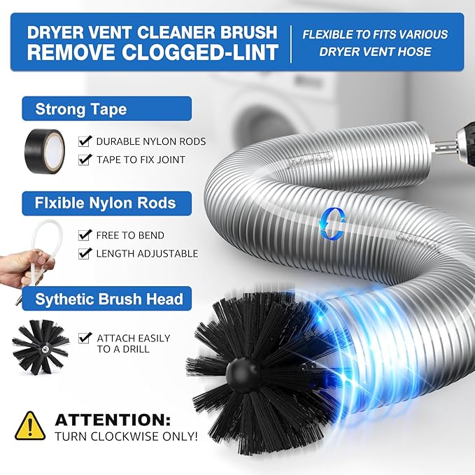 PetOde 32-Feet Dryer Vent Cleaner Kit, Dryer Vent Cleaning Kit Lint Remover with Dryer Vent Brush, Vacuum Hose Attachment Cleaning Tools, Flexible Lint Trap Brush, Vacuum & Dryer Adapters