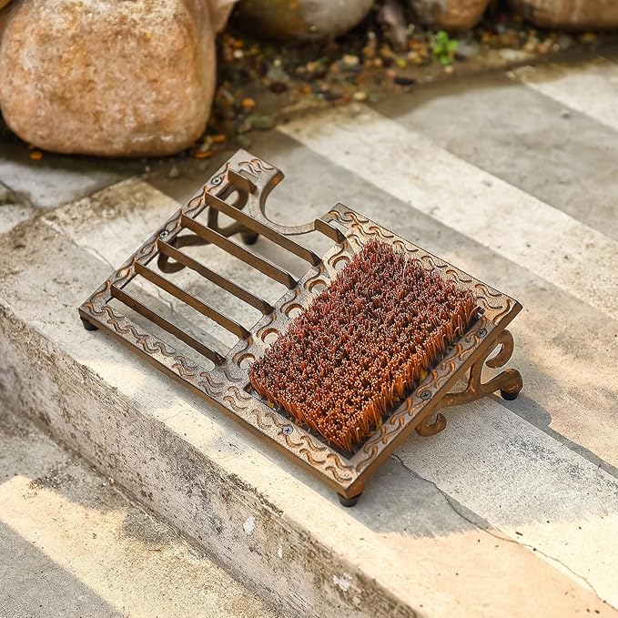 Cast Iron Boot Brush Scraper Outdoor, Heavy Duty Boot Scrubber Brush with Angled Design, Outdoor Shoe Scrapers with Brushes, All Weather Boot Scraper for Home Porch Entryway Garden (Brown)