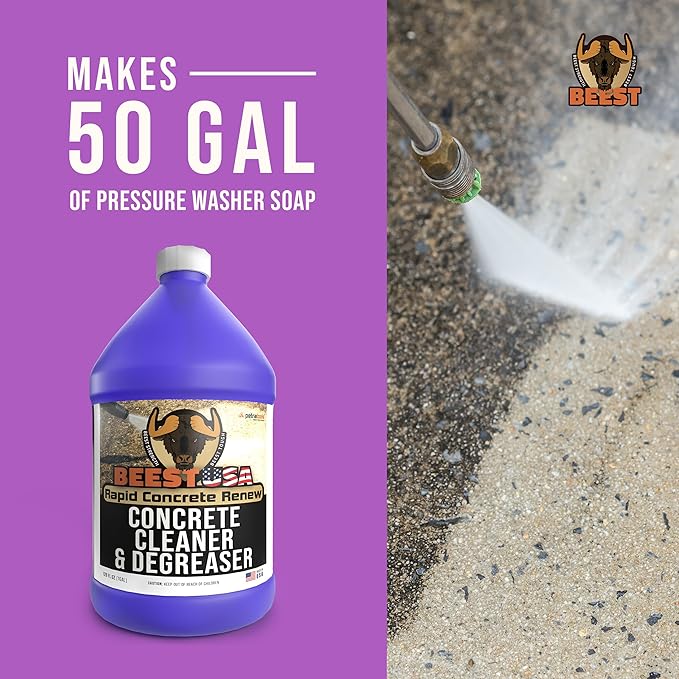 BEEST Concrete Cleaner - 1 Gallon (Makes 50 Gallons) Pressure Washer Soap, Degreaser Cleaner Heavy Duty - Dirt & Stain Remover for Concrete, Cement, Driveway, Garage Floor, Patio, Deck, Safe on Grass