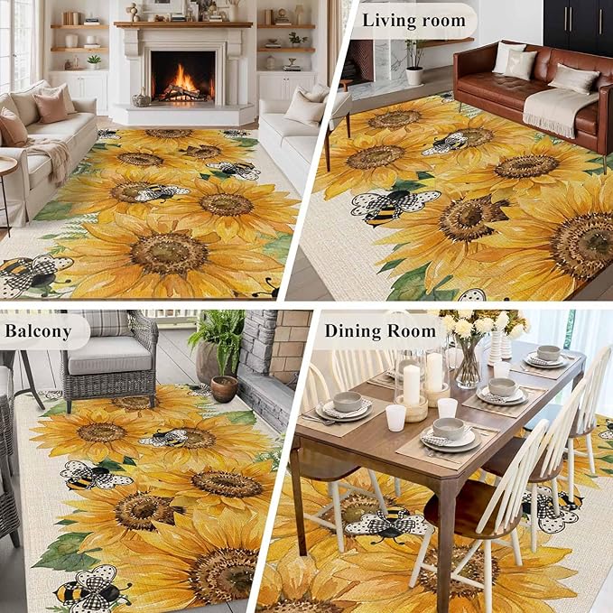 Watercolor Sunflower Cartoon Farmhouse Bee Linen Texture 6'x9' Large Area Rugs, Washable Area Rugs Non-Slip Indoor Floor Mats Large Carpet for Living Room Bedroom Dining Room