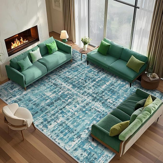 9x12 Abstract Area Rugs for Living Room, Modern Teal Blue Washable Indoor Rug for Bedroom, Thin Soft Large Non-Slip Carpet for Dining Room Home Office Farmhouse Decor