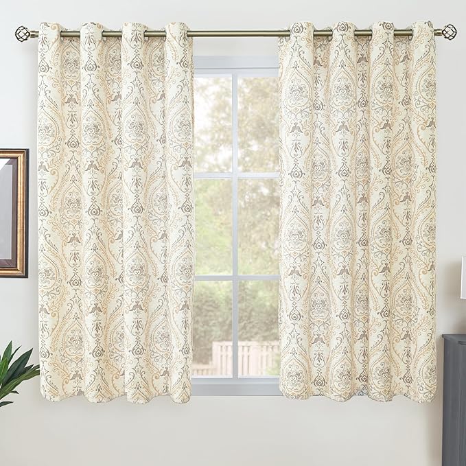 LAMIT Linen Curtains 54 inch Length 2 Panels for Living Room, Light Filtering Linen Sheer Curtains Grommet Vintage Damask Flower Pattern Window Drapes for Bedroom, 52 x 54 Inch, Yellow