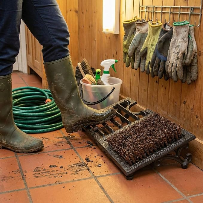 Cast Iron Shoe Cleaner Mat and Boot Scraper, 13 x 8.5 x 4 Inches, Heavy Duty Metal Mud Scrubber with Decorative Vintage Black Finish, 1-Pack, for Outdoor Entryway Porch Mudroom and Garage