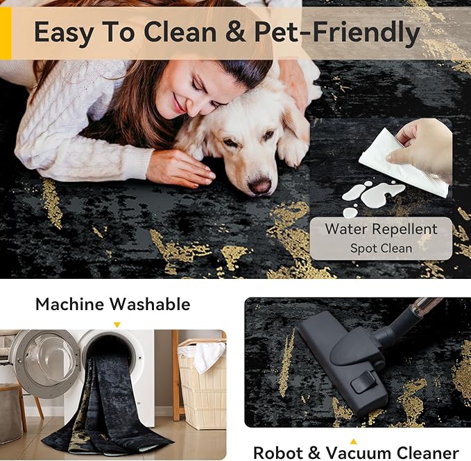 RELEANY Washable Area Rugs 6'x9' Non-Slip Modern Abstract Soft for Living Room Entryway Bedroom Nursery, Print Pattern, Dark Black Gold