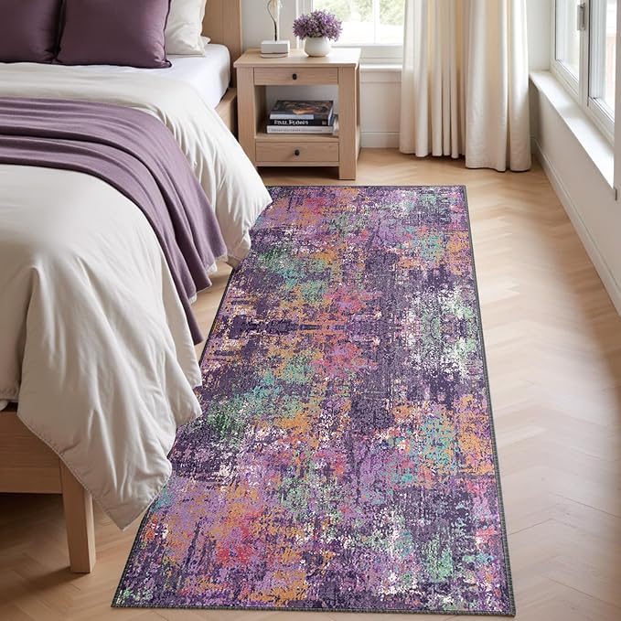 RELEANY Washable Area Rugs 2'x6' Non-Slip Modern Abstract Soft for Living Room Entryway Bedroom Nursery, Print Pattern, Purple Orange Blue Green Rust Red Colorful