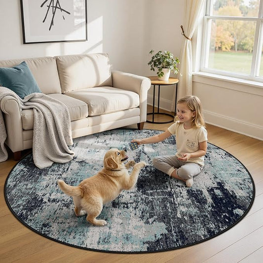 RELEANY Washable Area Rugs 6ft Non-Slip Modern Abstract Soft for Living Room Entryway Bedroom Nursery, Print Pattern, Blue Black Teal