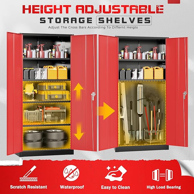 Bonusall 72" Metal Garage Storage Cabinet， Heavy-Duty Steel Cabinet with 2 Locking Doors & 5 Adjustable Shelves for Home