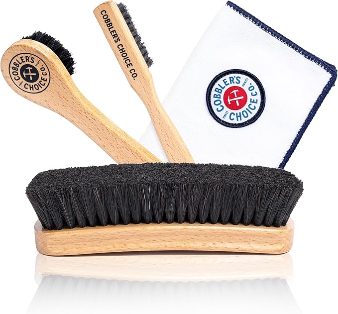 Cobbler’s Choice Co. Leather Care Brush Kit with Horsehair Shoe Brush, Dauber Brush, Welt Brush, Microfiber Cloth - Tan