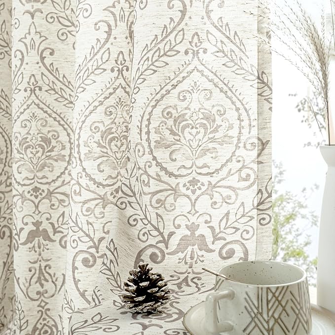 LAMIT Linen Curtains for Living Room with Damask Printed, Grommet Light Filtering Boho Vintage Floral Pattern Farmhouse Window Drapes for Bedroom/Country, Taupe, 2 Panels Each 52 x 95 Inch