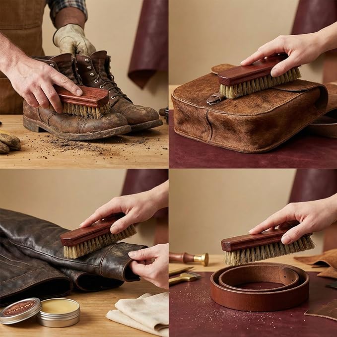 Shoe Cleaning Brush Set of 3 Brushes with Horsehair, Boar and Nylon Bristles, 6" Concaved Handle for Premium Grip, Wooden Sneaker Brush for Leather, Boot, Textile, Bags and Accessories