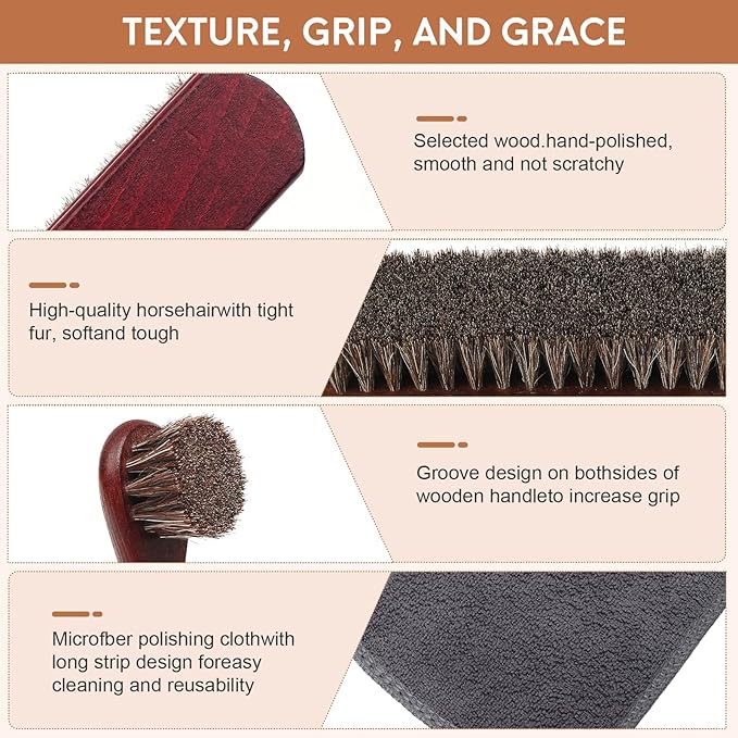 4pcs 100% Horse Hair Shoe Brush Kit Shoe Shine Kit Beech Wood Leather Care Set Suede Boot Cleaner Polish Applicator Dauber Buffing Cloth Soft Natural Bristles Men Gift Box for Boots Shoes Sneakers Car