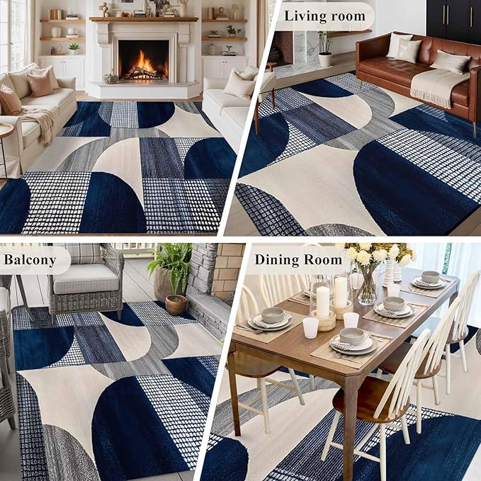 Modernism 8'x10' Large Area Rugs, Blue White Geometric Abstract Design Washable Area Rugs Non-Slip Indoor Floor Mats Large Carpet for Living Room Bedroom Dining Room