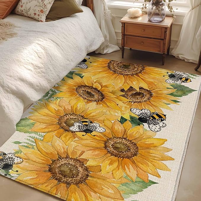Watercolor Sunflower Cartoon Farmhouse Bee Linen Texture 3'x5' Area Rugs, Washable Area Rugs Non-Slip Indoor Floor Mats Carpet for Living Room Bedroom Dining Room