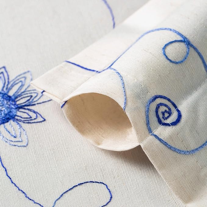 VOGOL Linen Textured French Door Curtains, 40 Inches Long Floral Embroidered Rustic Door Panel, 1 Piece Rod Pocket Curtain for Front Glass Windows, Blue on Beige