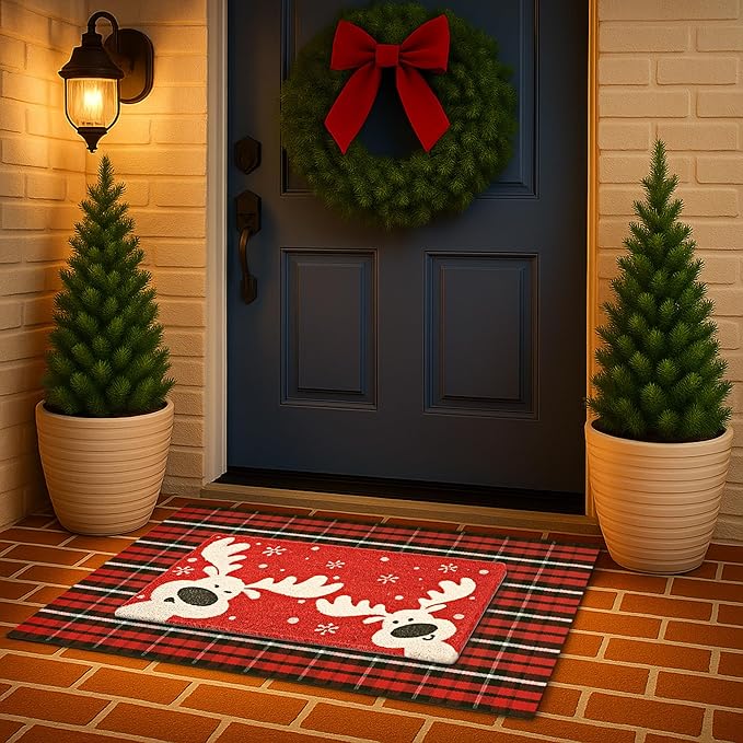 2-Piece Christmas Door Mat Combo Set - Reindeer Coir Doormat 17"x30" + Red Black White Check Rug 28"x43", Layered Front Door Decor for Porch/Entryway, Natural Coir with PVC Backing