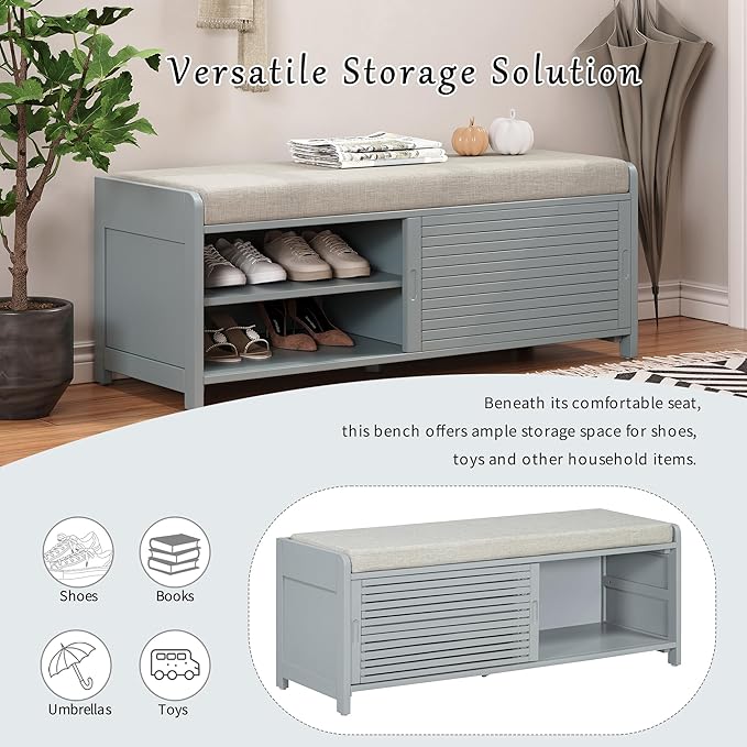 Knocbel Entryway Storage Bench with Sliding Doors and 1 Shelf, Living Room Entrance Hallway Foyer Shoe Bench Bedroom End of Bed Bench, 220lbs Weight Capacity (Retro Grey 2-Door)