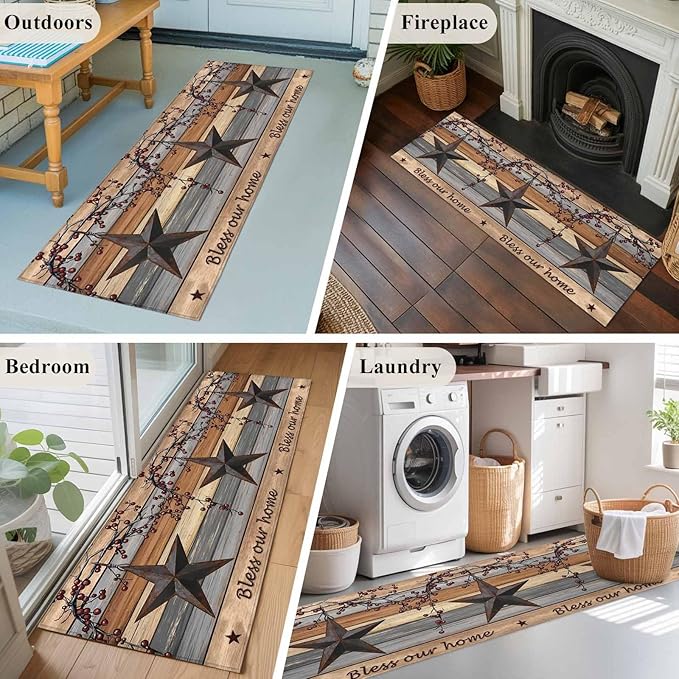 Country Stars Runner Rug 2'x6', Vintage Rust Black Star Berry Brown Light Blue Wood Grain Hallway Runner Rugs Washable Non-Slip Bedside Floor Mats Carpet for Kitchen Bedroom Laundry Room Bathroom