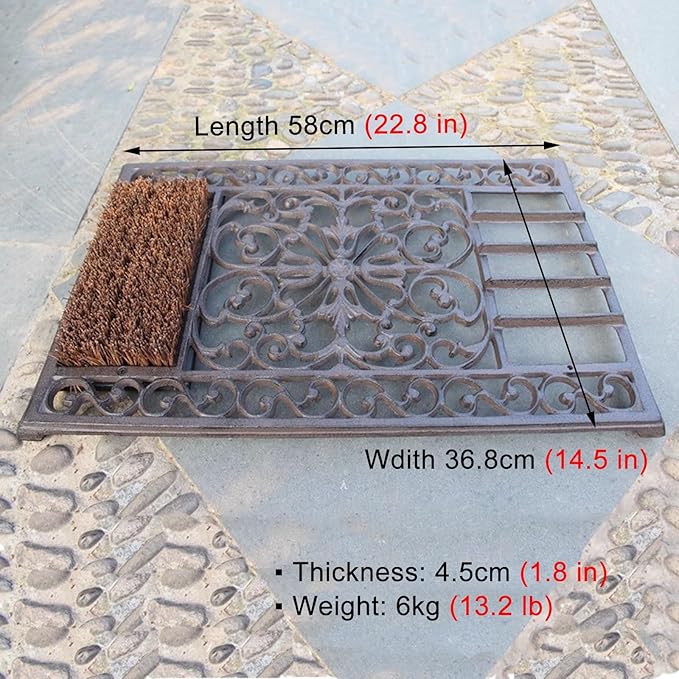 Heavy Duty Cast Iron Door Mat with Shoe Scraper Brush, 22.8"×14.5", Floral Pattern Non-Slip Entryway Rug for Outdoor Shoe Cleaning