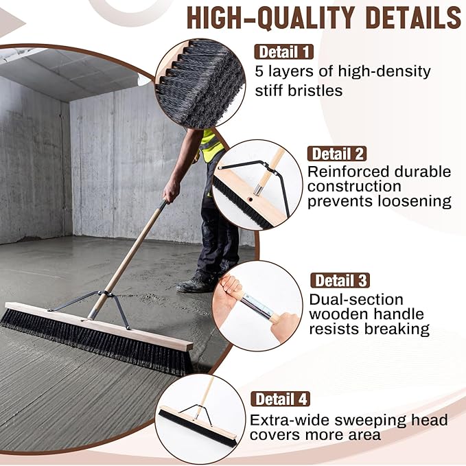 36 Inch Push Broom Indoor Outdoor Use, Heavy Duty Floor Sweep Brush with 60 Inch Wood Handle, Stiff Bristles for Concrete Garage Driveway Cleaning Snow Leaves Debris